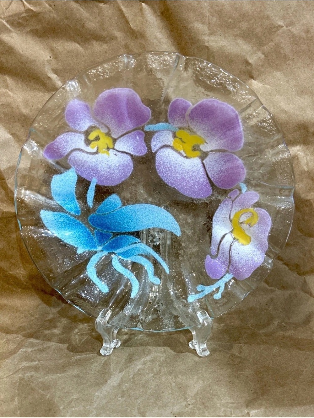 Sydenstricker Japanese Iris Art Glass Wavy Ruffled Bowl 8.25 Inch Purple Blue